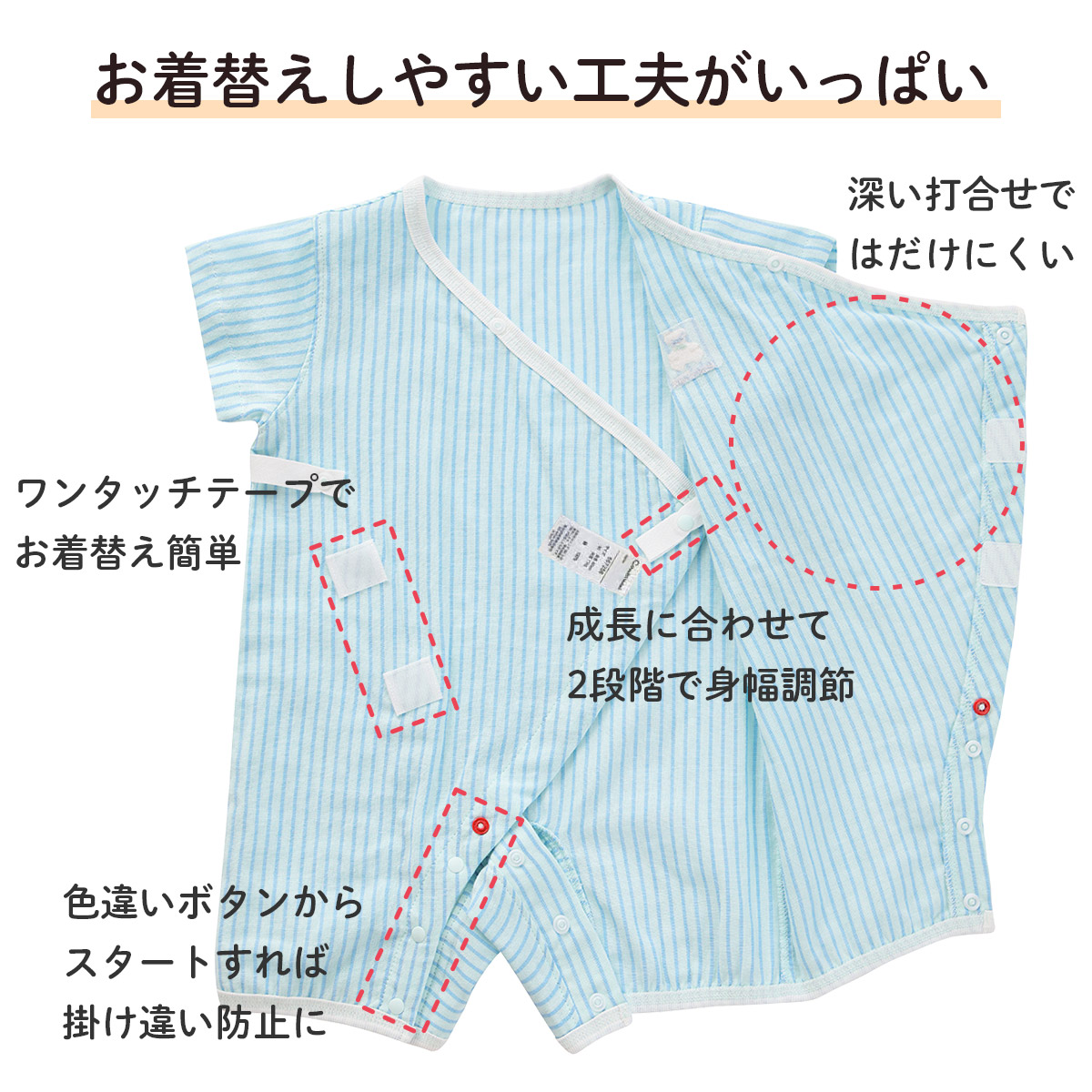 お着替えしやすい工夫がいっぱい！ワンタッチテープでお着替え簡単。内側スナップは成長に合わせて2段階調節可能。色違いボタンで掛け違い防止。深い打ち合わせで、動き回ってもはだけにくく、お腹の冷えも安心。